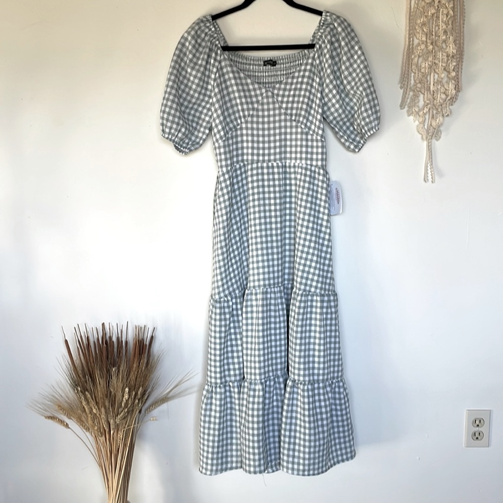 XS Mikarose off the shoulder gingham dress in sage NWT